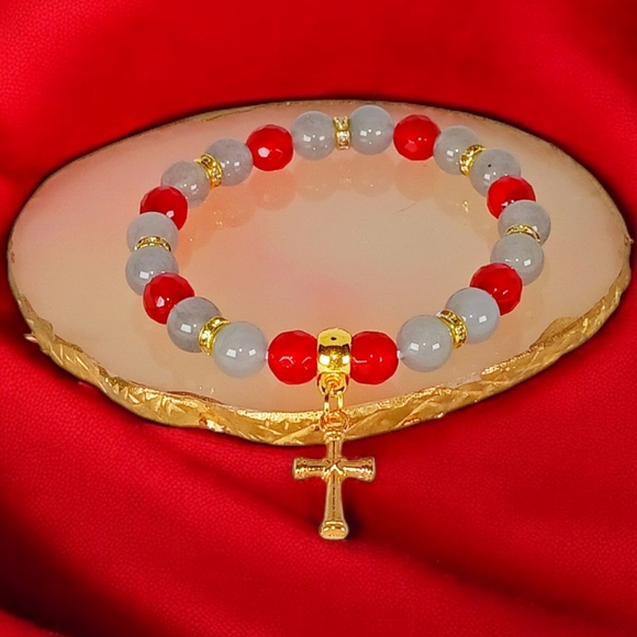 Red & Gray Chalcedony Cross Charm Bracelet Christian Corpcore Office Siren - Picture 1 of 10